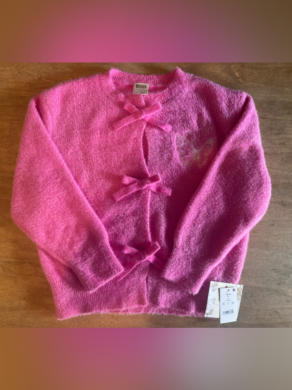 🦋 WICKED Pink Shimmer Bow-Accent Fuzzy Girls Cardigan Sweater 10/12 L Katie Kime